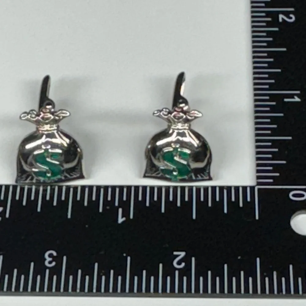 Roundtree & Yorke Silver Money Bag Cufflinks Green Dollar Sign‎